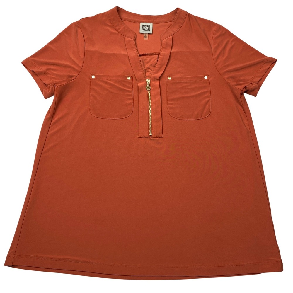 Anne Klein Womens Burnt Orange Short Sleeve Zip Neck Blouse W7JMIA3384M Size S